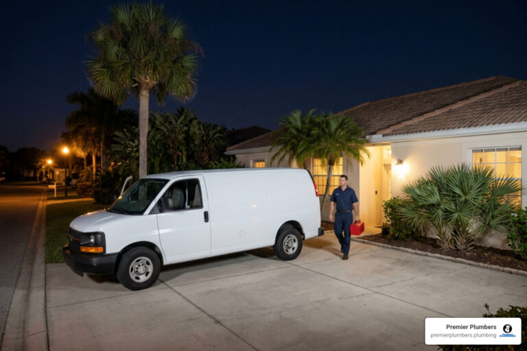 Premier Plumbers 24 hr drain service technician arriving at a home at night