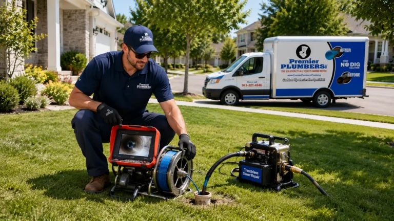 Premier Plumbers technician in orange polo workshirt and jeans near a residential sewer cleanout during a clogged drain