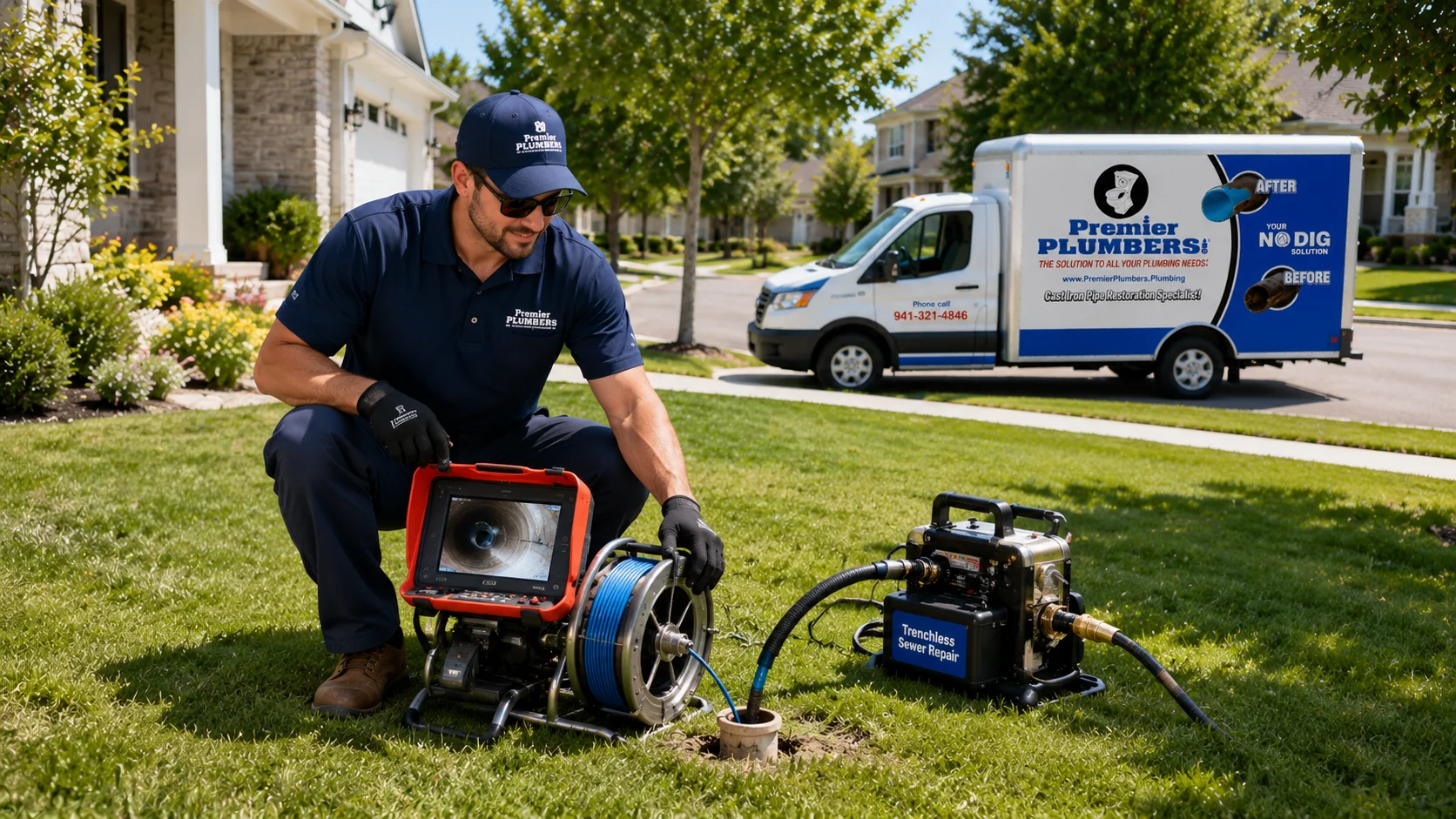 Premier Plumbers technician in orange polo workshirt and jeans near a residential sewer cleanout during a clogged drain