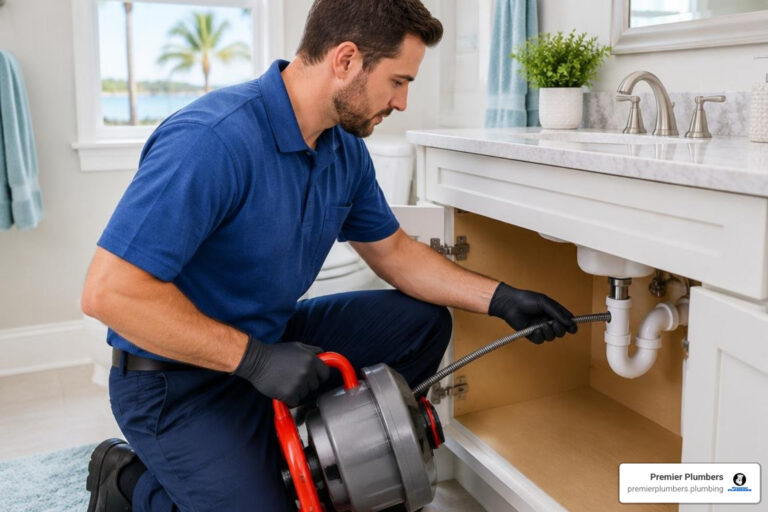 Professional plumber clearing a clogged bathroom drain in a Sarasota home