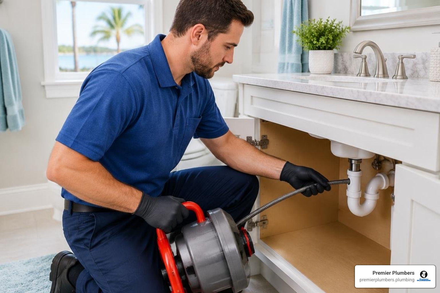 Professional plumber clearing a clogged bathroom drain in a Sarasota home