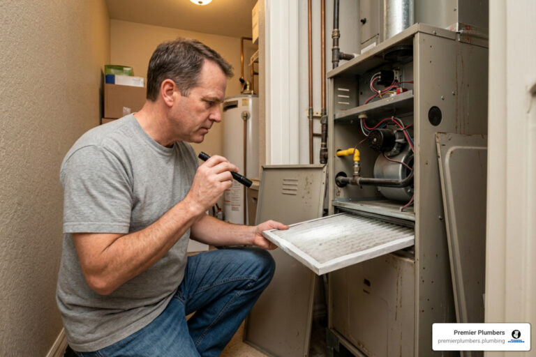 homeowner inspecting air filters on a residential gas heater