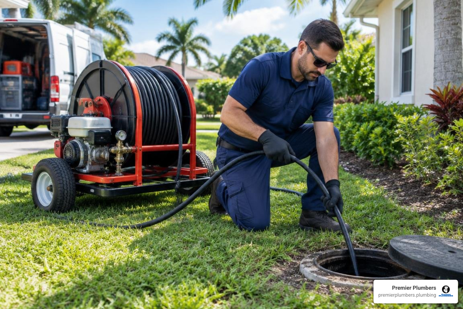 Plumbing technician using high-pressure hydro jetting equipment to clear a residential sewer drain