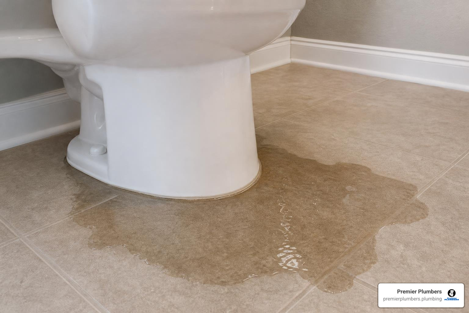 toilet leaks at base with water pooling on bathroom tile