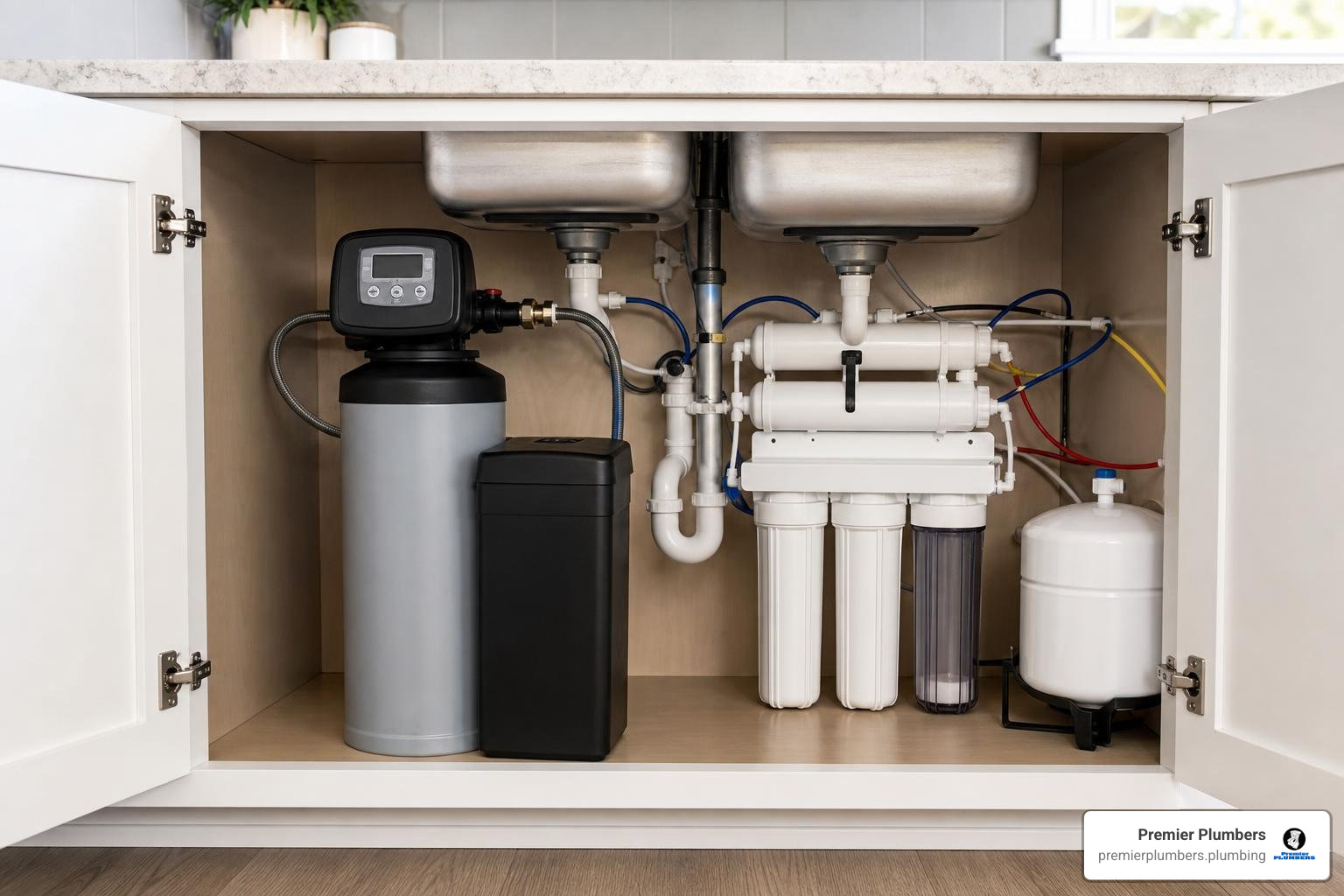 water softener and reverse osmosis system under kitchen sink