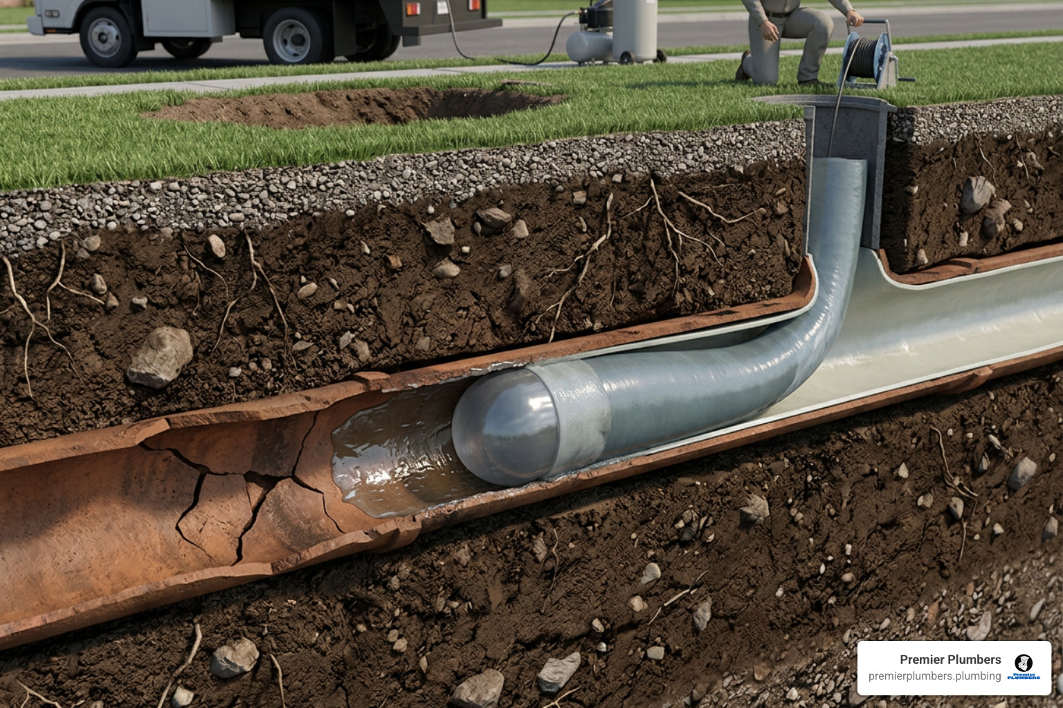CIPP resin liner inversion inside damaged sewer pipe